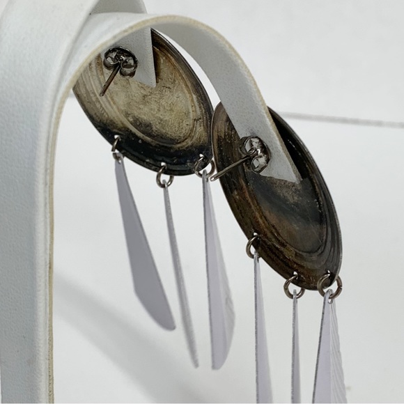 Vintage white enamel concho boho statement earrings with dangling fringe - Picture 5 of 10